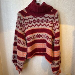 Free People Burgundy Turtleneck Striped Fair Isle Sweater